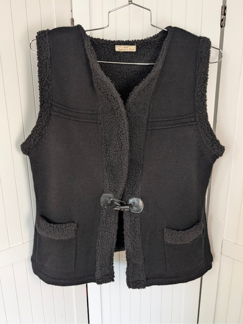Vintage The Eagle's Eye Black Sherpa Toggle Sweater Vest Cozy Cottagecore